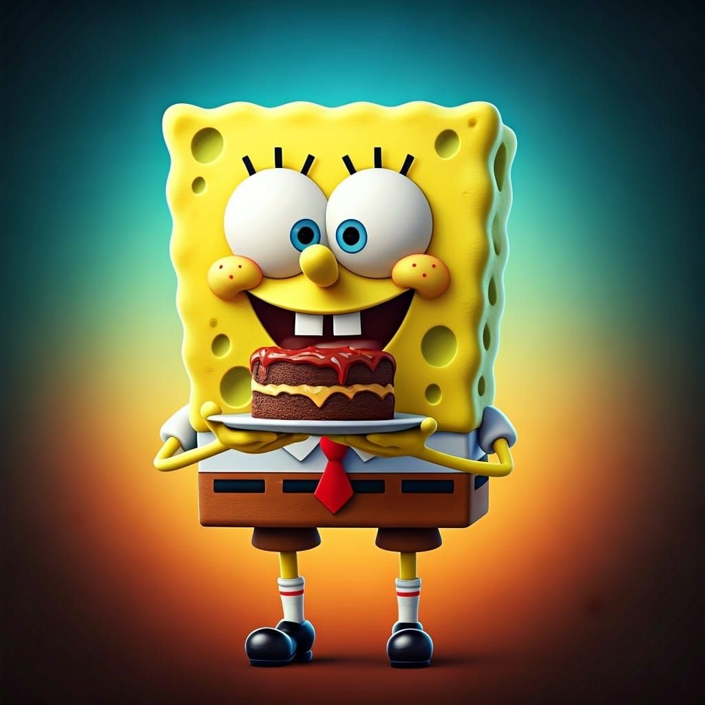 SpongeBob SquarePants Enjoying Whimsical Chocolate Cake Feas...