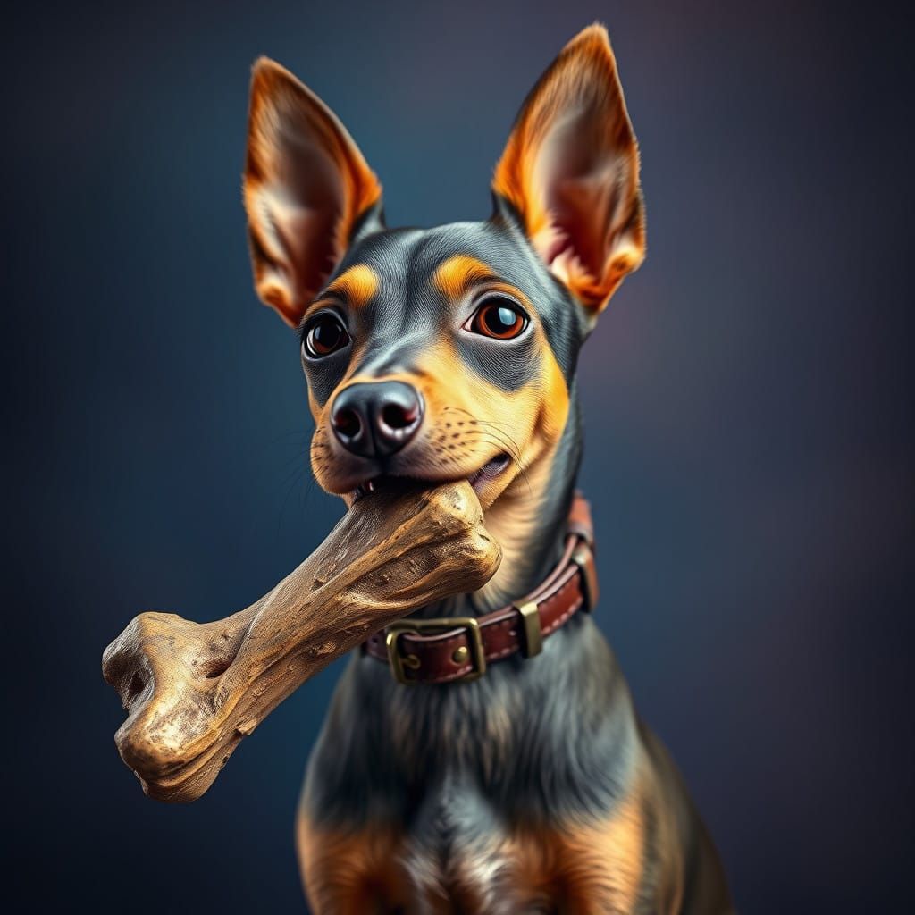 Vibrant Portrait of a Tiny Pinscher Holding a Weathered Bone