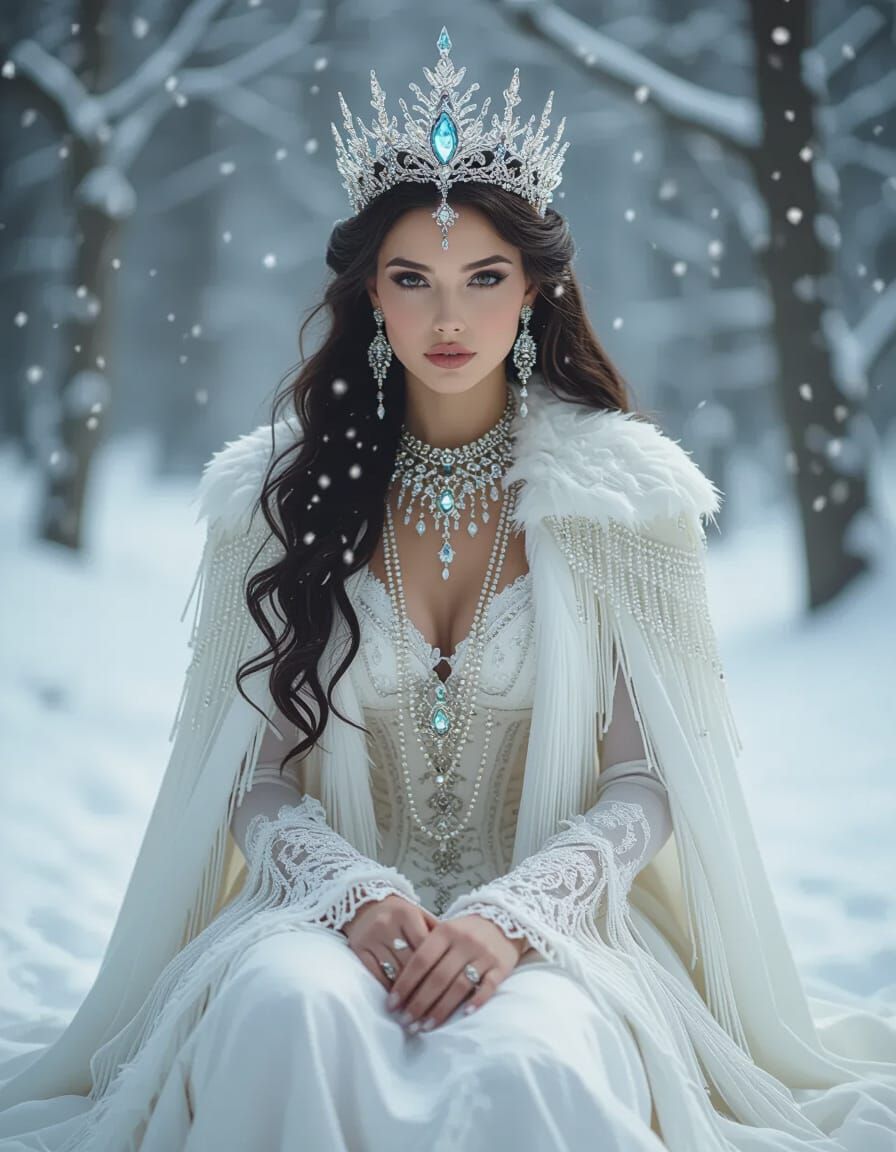 Ethereal Winter Queen in Snowy Forest Fairytale
