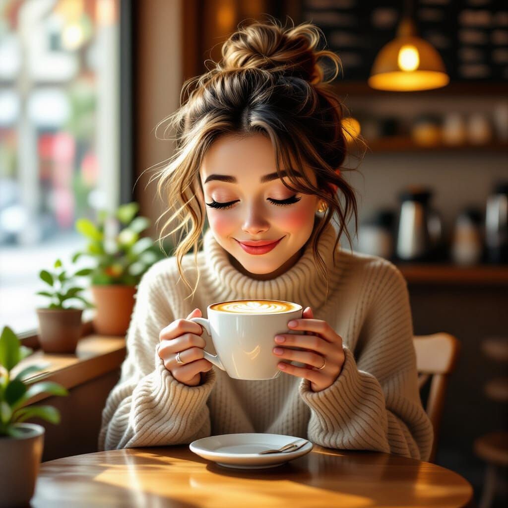 Cozy Coffee Shop Scene with Whimsical Woman
