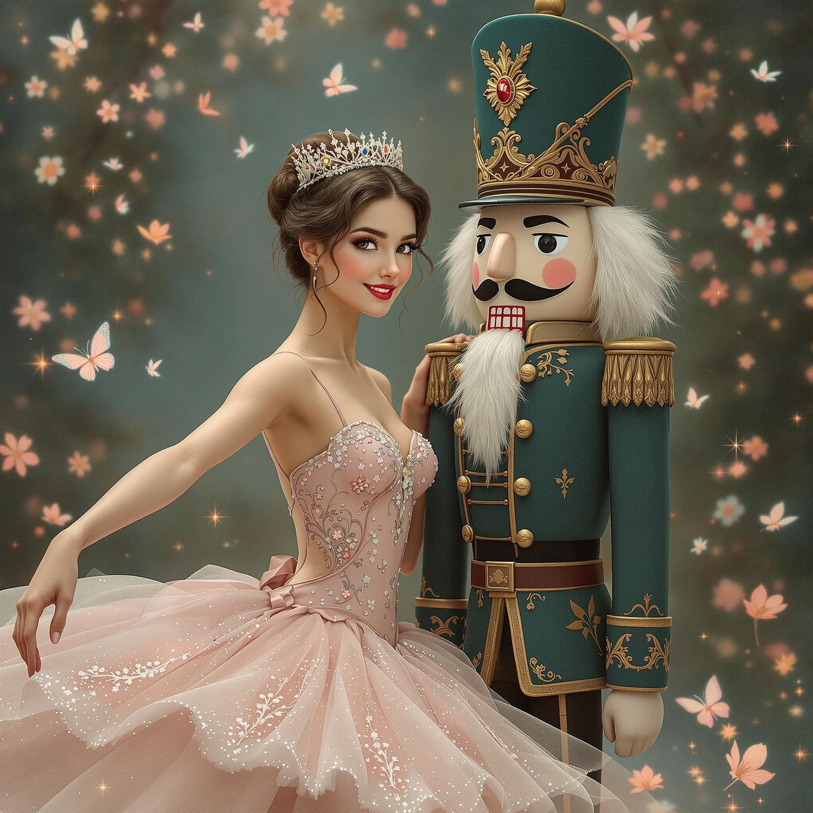 Elegant Ballerina and Nutcracker in Whimsical Ballet Scene