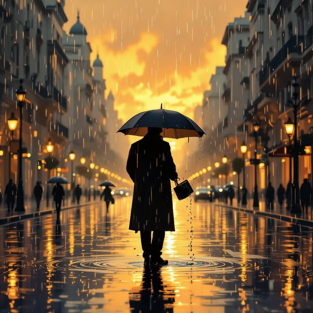 Rainy Avenue Silhouette in Detailed Matte Painting Style