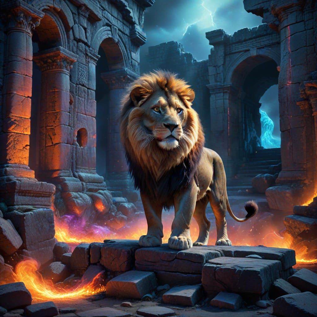 Majestic Lion Prowls Ancient Ruins in Spectral Mist