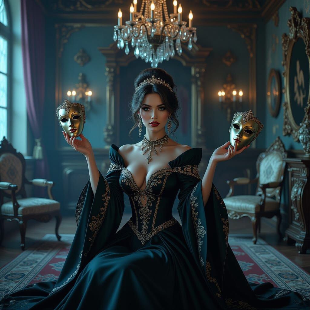 Mystical Woman with Illusionary Masks in Baroque Setting