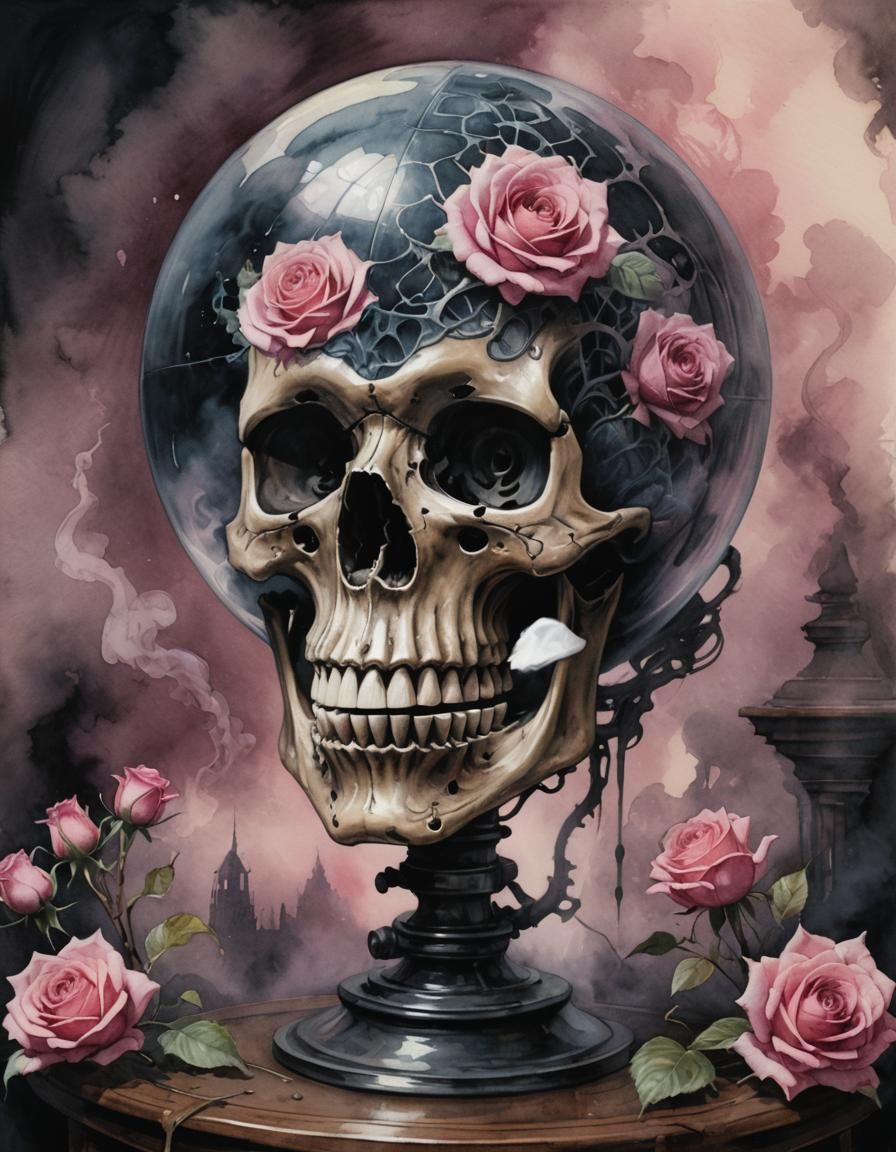 Sinister Skeleton Globe with Rose in Watercolor