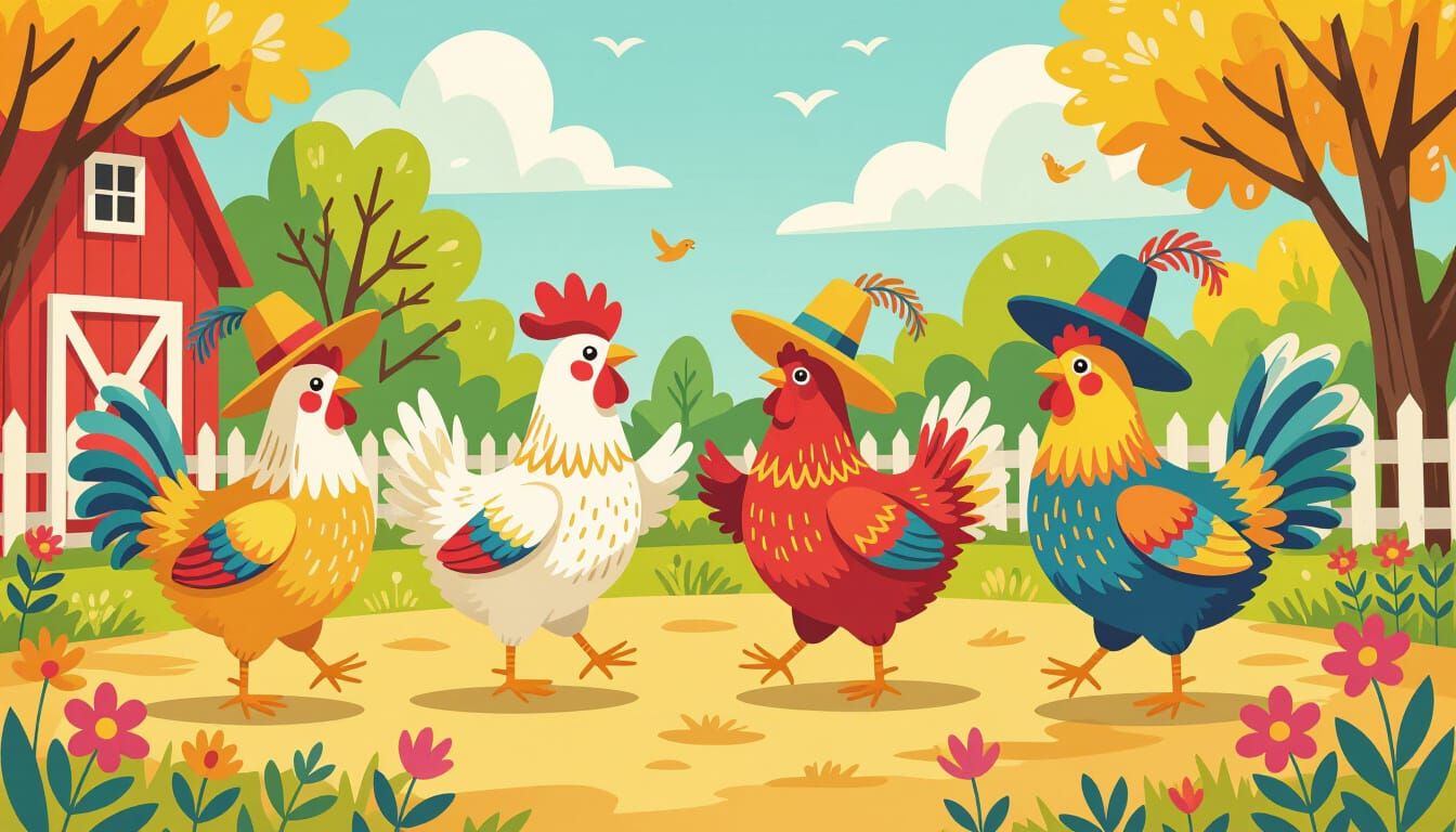 Dancing Chickens in a Whimsical Farmyard Scene