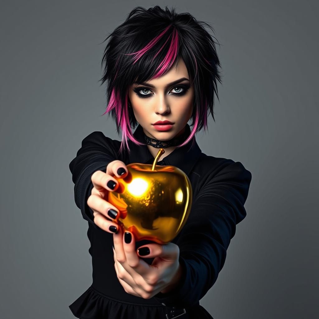 Emo Goddess Eris with Golden Apple in Photorealistic CGI