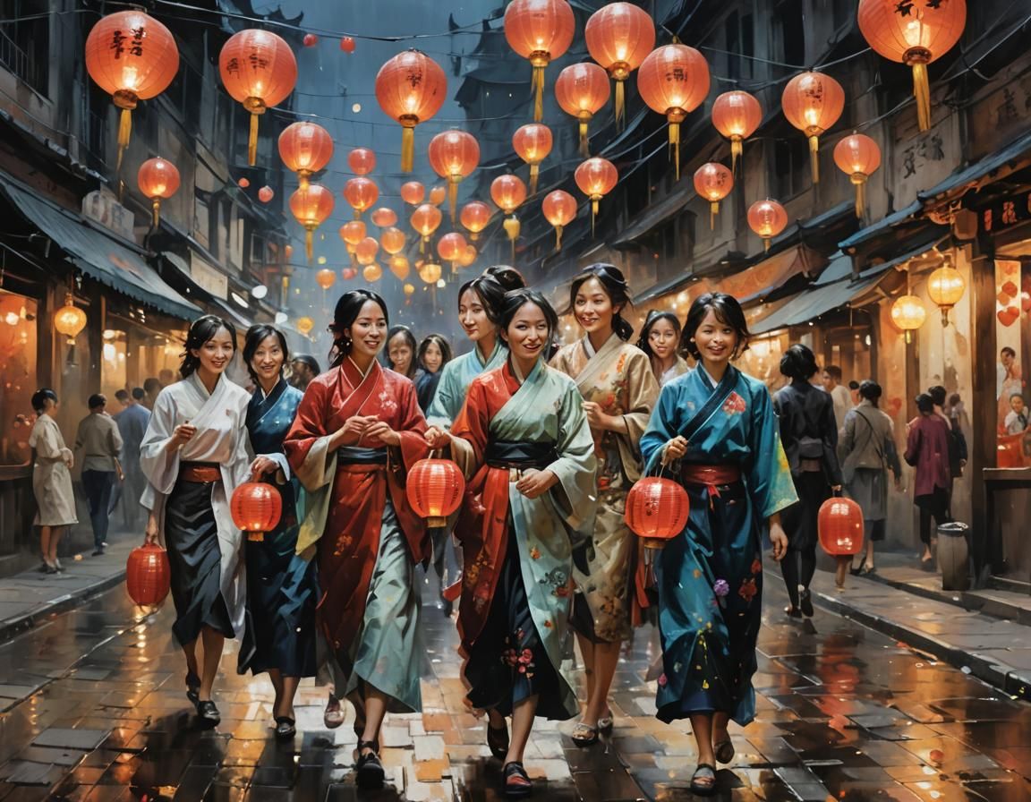 Chinese Women in Lantern Street: Oil Painting