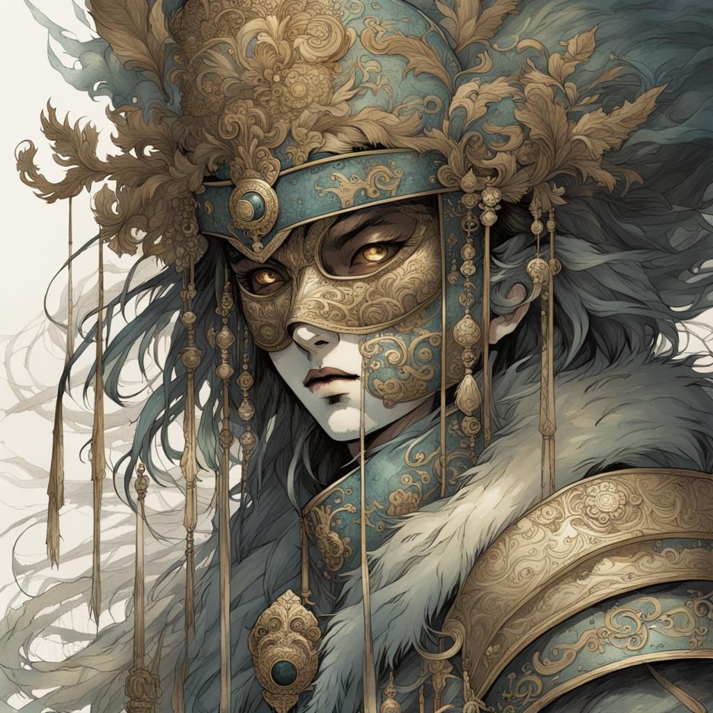 Intricate Manhwa Portrait of Masquerade Figure
