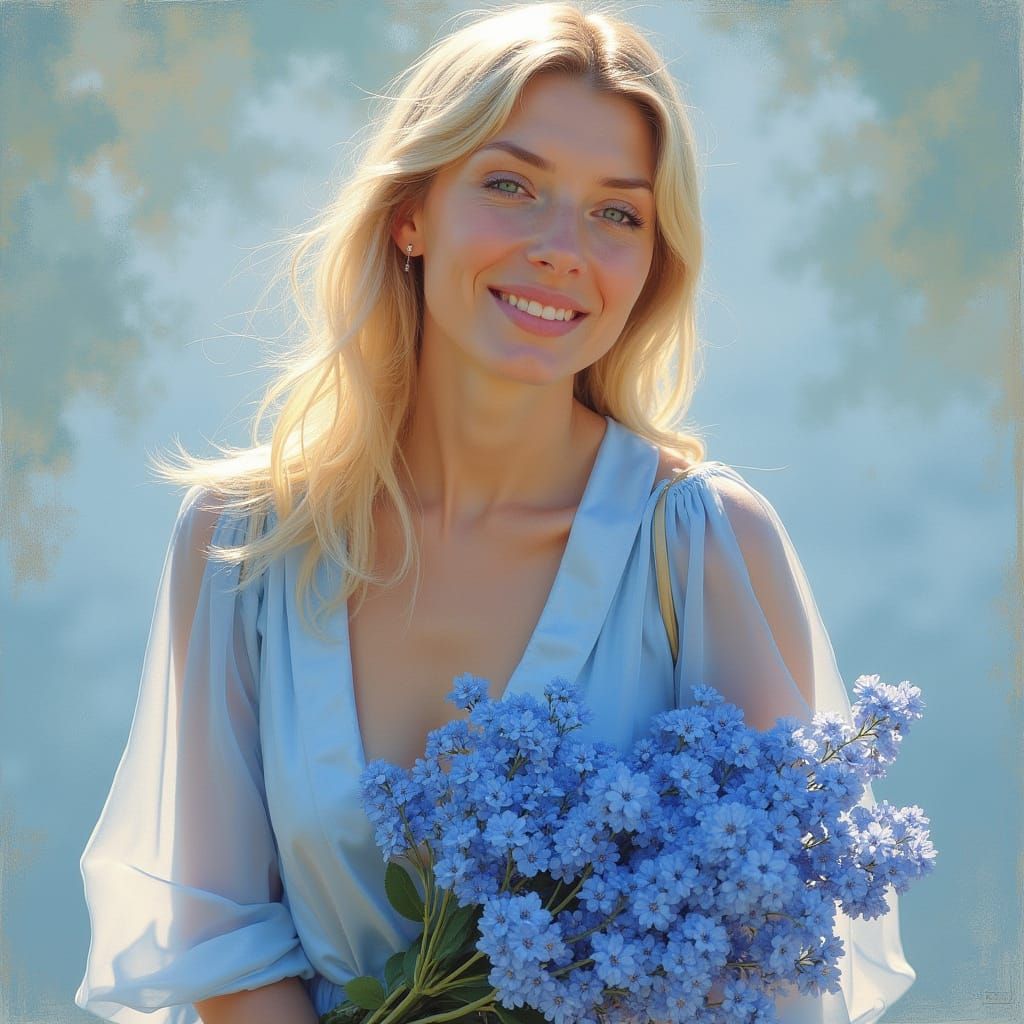 Elegant Blonde with Blue Bouquet in Impressionist Style