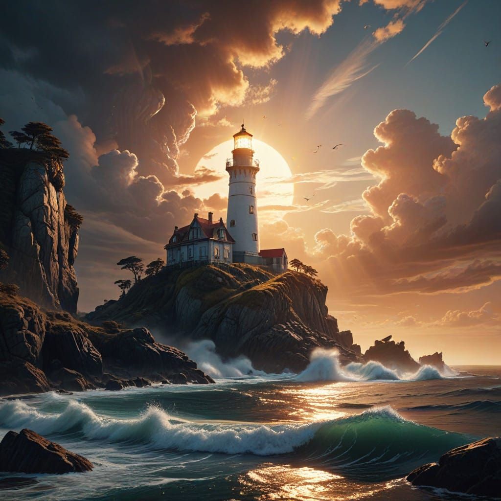 Dreamy Lighthouse Oceanscape in Ethereal Golden Light