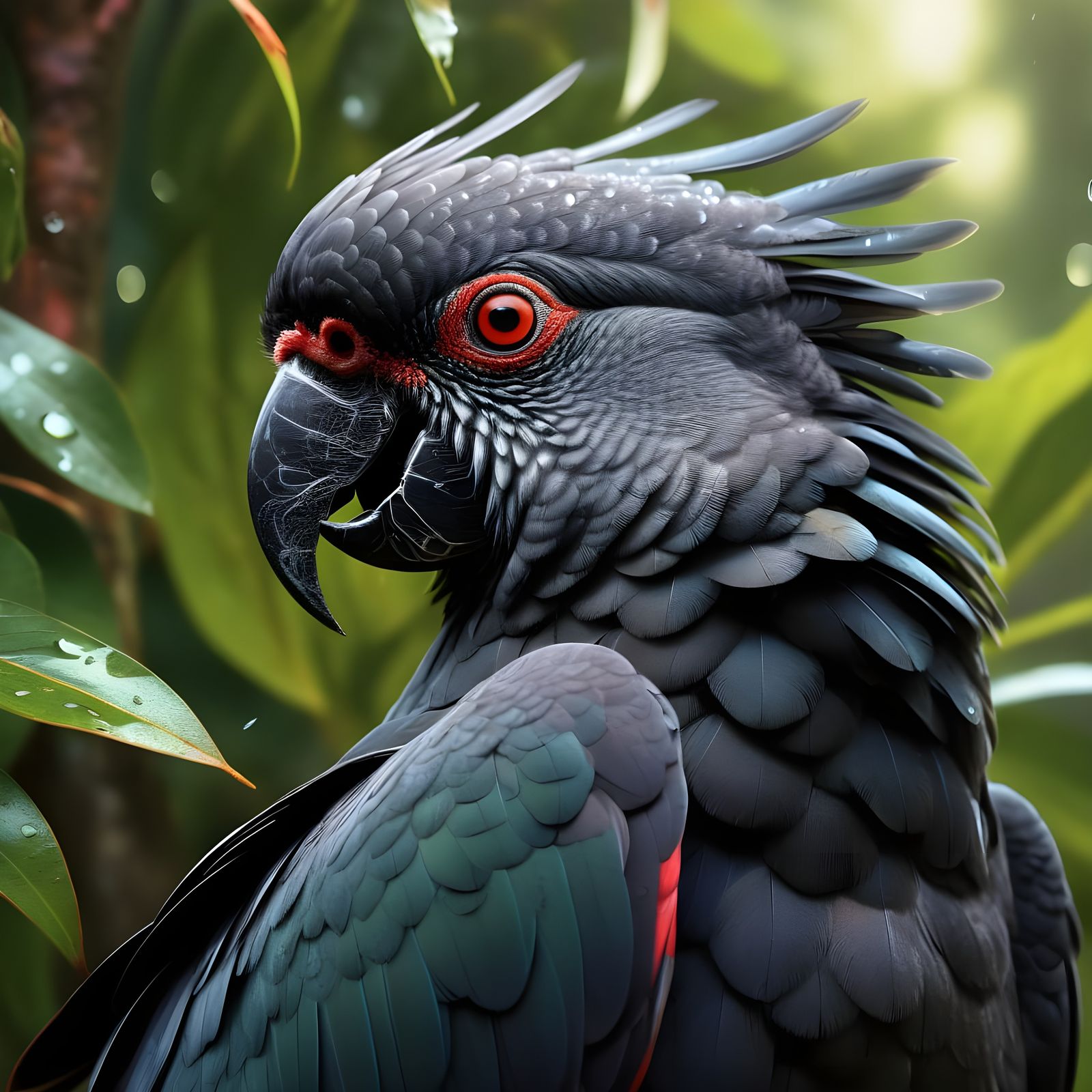 Hyper-Realistic Black Cockatoo in Morning Glory