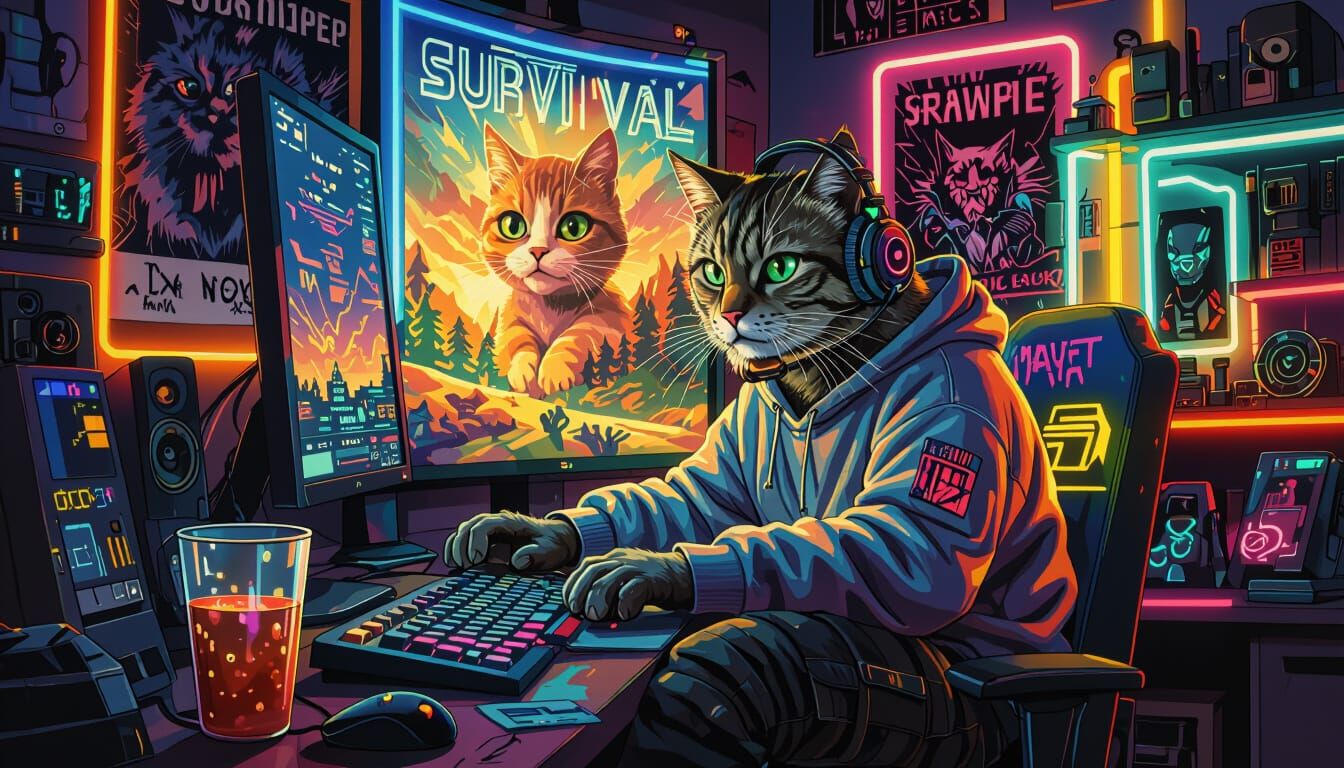 Alpha Cat Gamer in Watercolor Fantasy Style