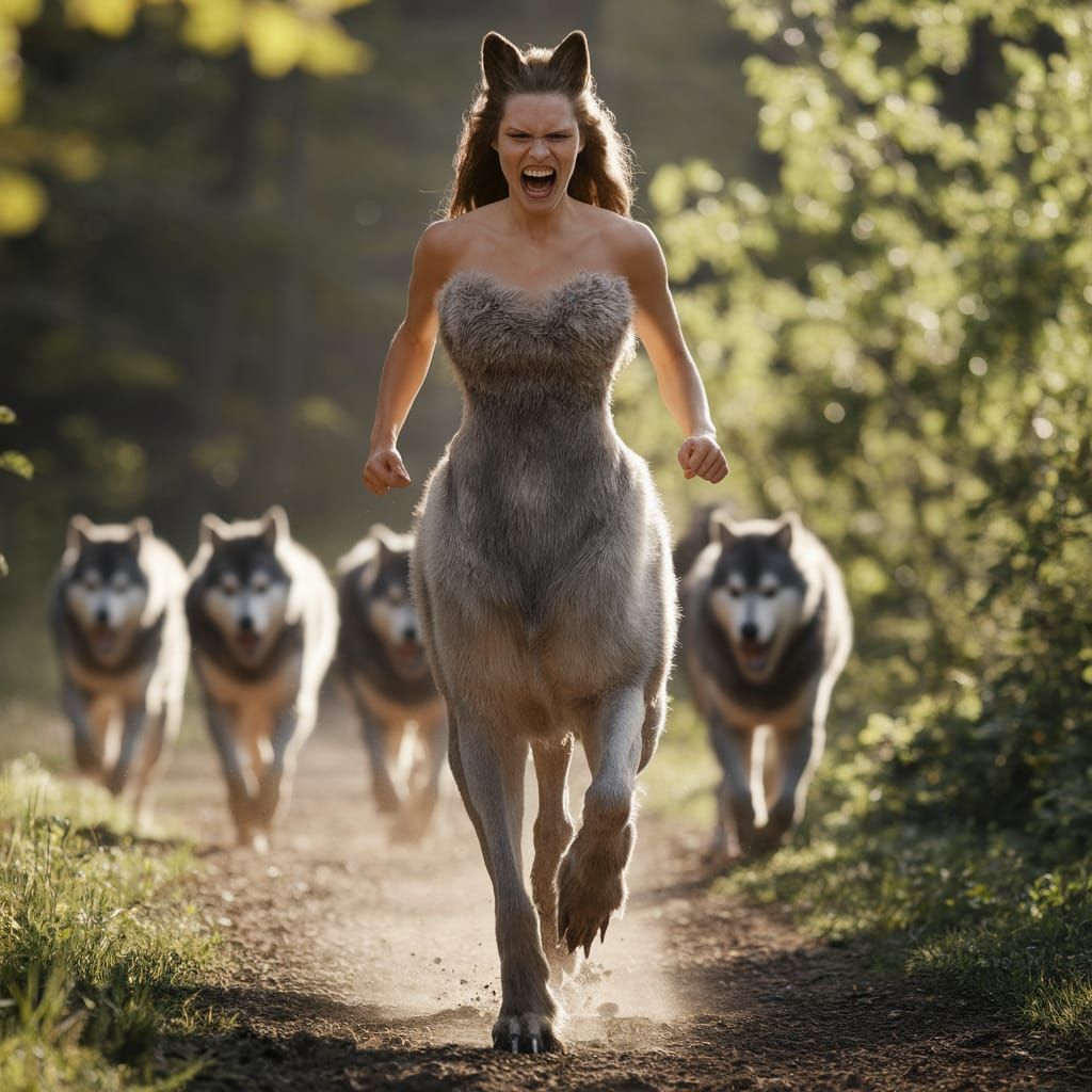 Fierce Wolf-Centaur Leading Pack in Sunlit Forest