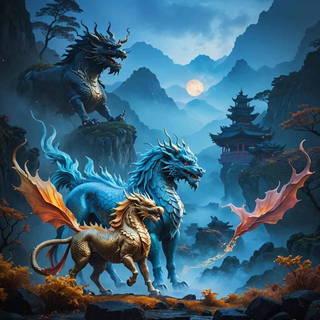 Majestic Qilin and Dragon in Dreamlike Landscape