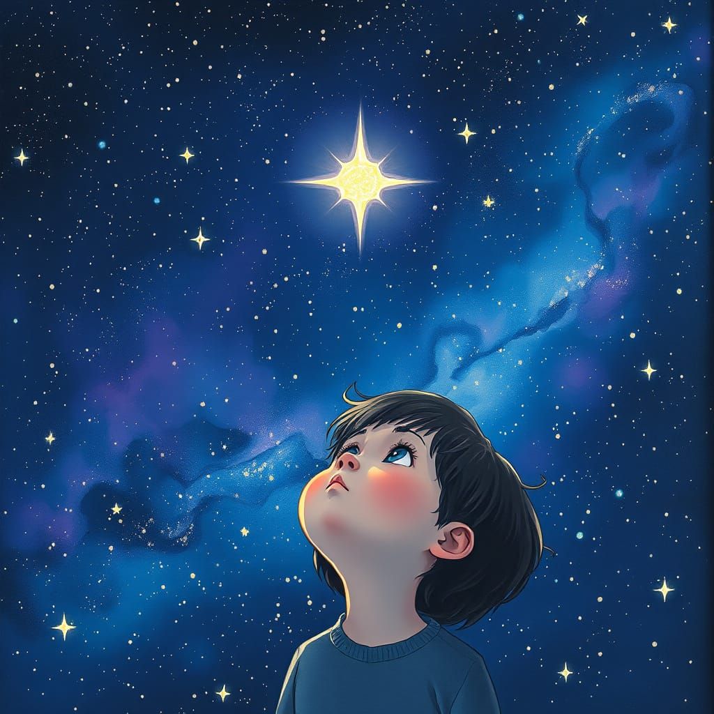 Child Gazes at Starry Sky in Dreamy Style