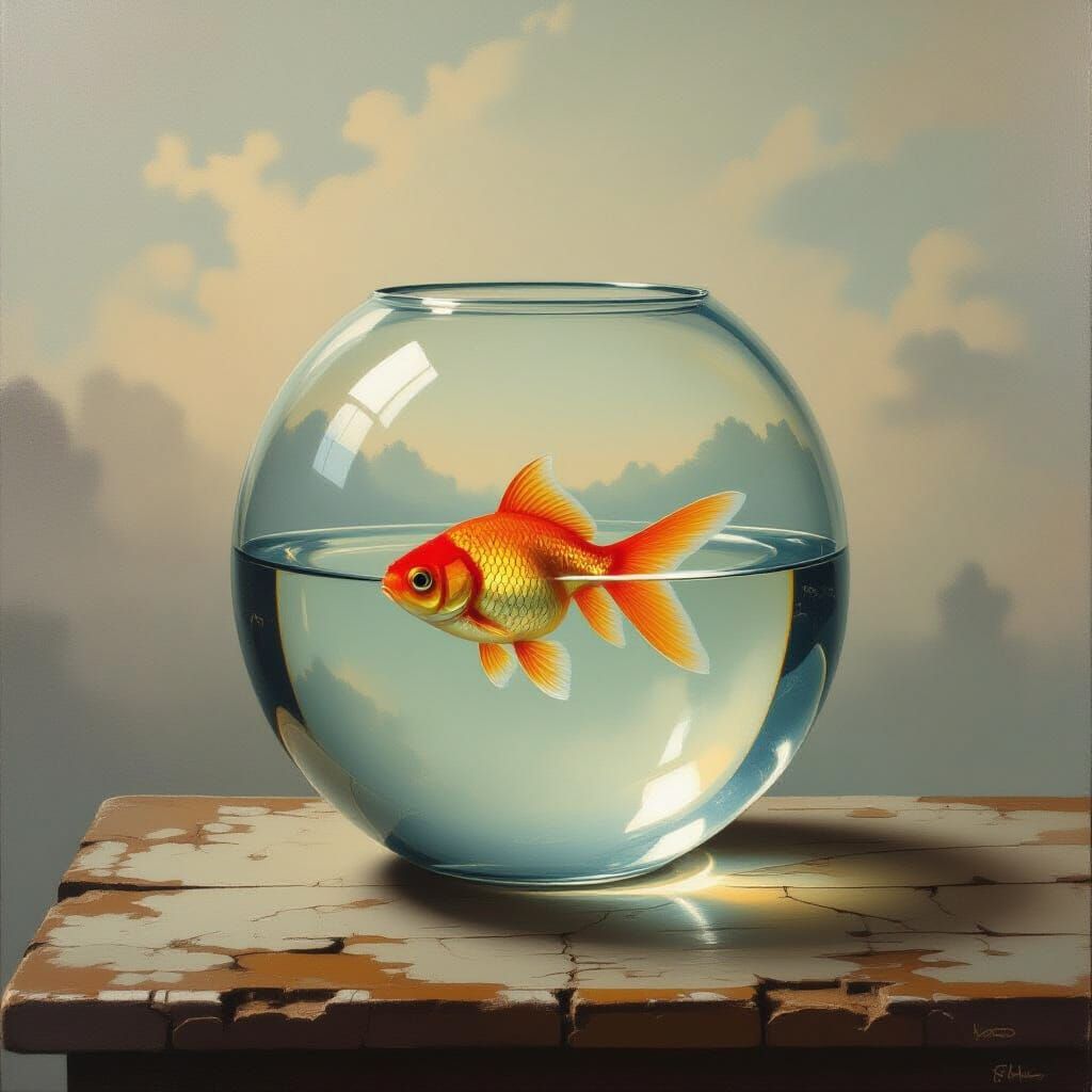 Surrealist Oil Painting of Goldfish in Dreamlike Bowl