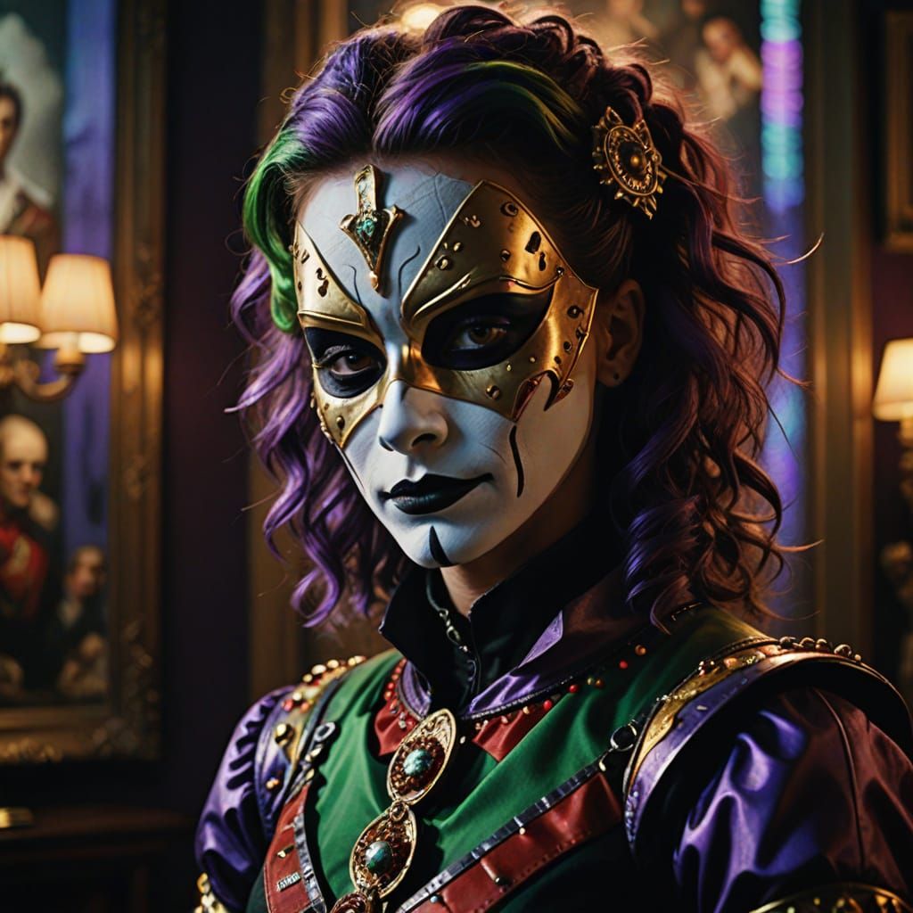 English Harlequin in Punk Costume as Vibrant Oil Painting