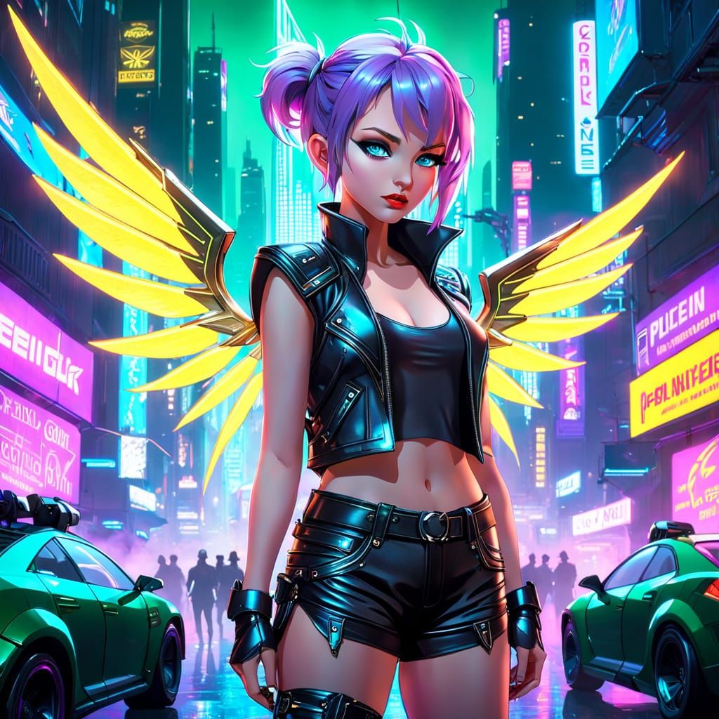 Cyberpunk Tinkerbell in Neon-Gold Wings and Leather Attire