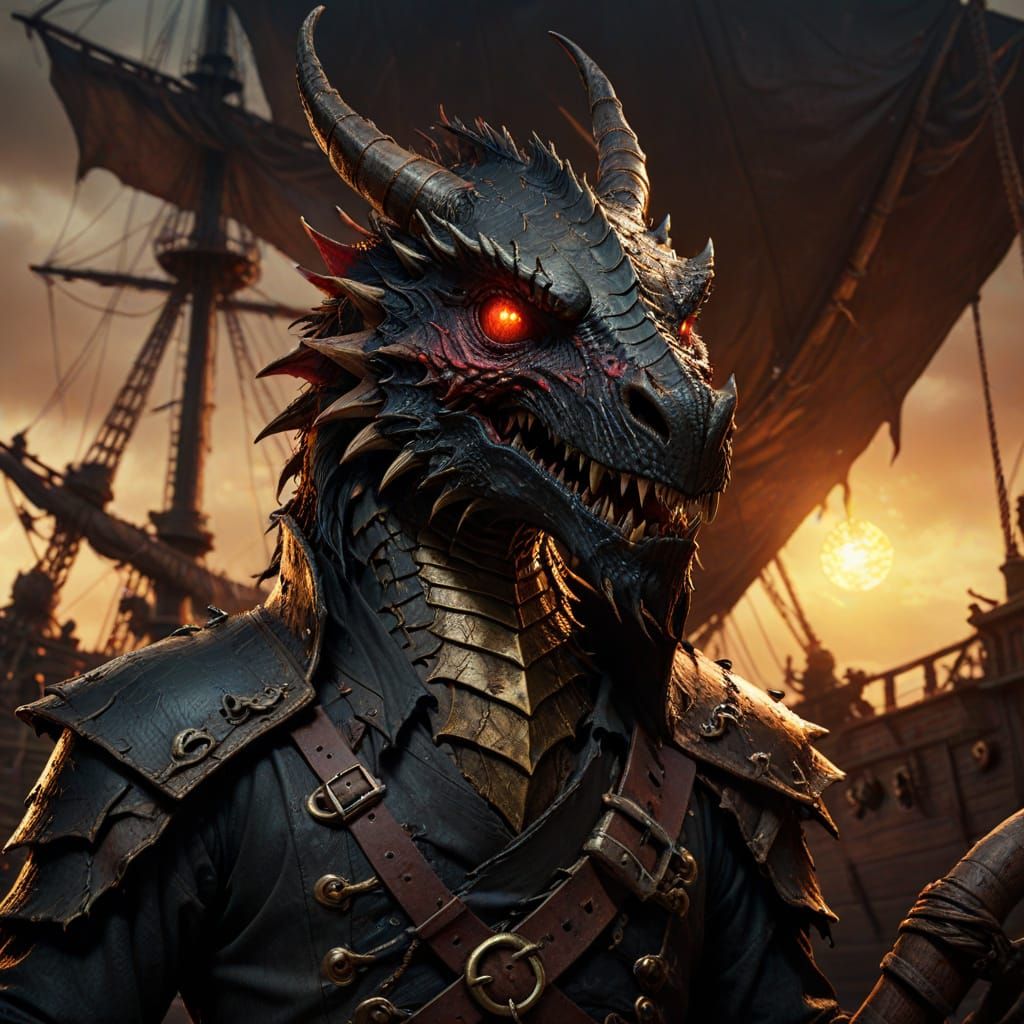 Dragon Pirate on Ship in Dark Fantasy Style