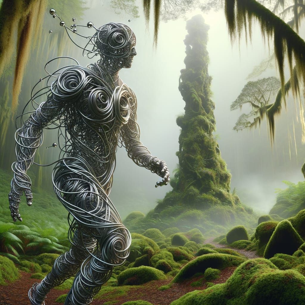 Wireframe Humanoid in Overgrown Rainforest, Photorealistic C...