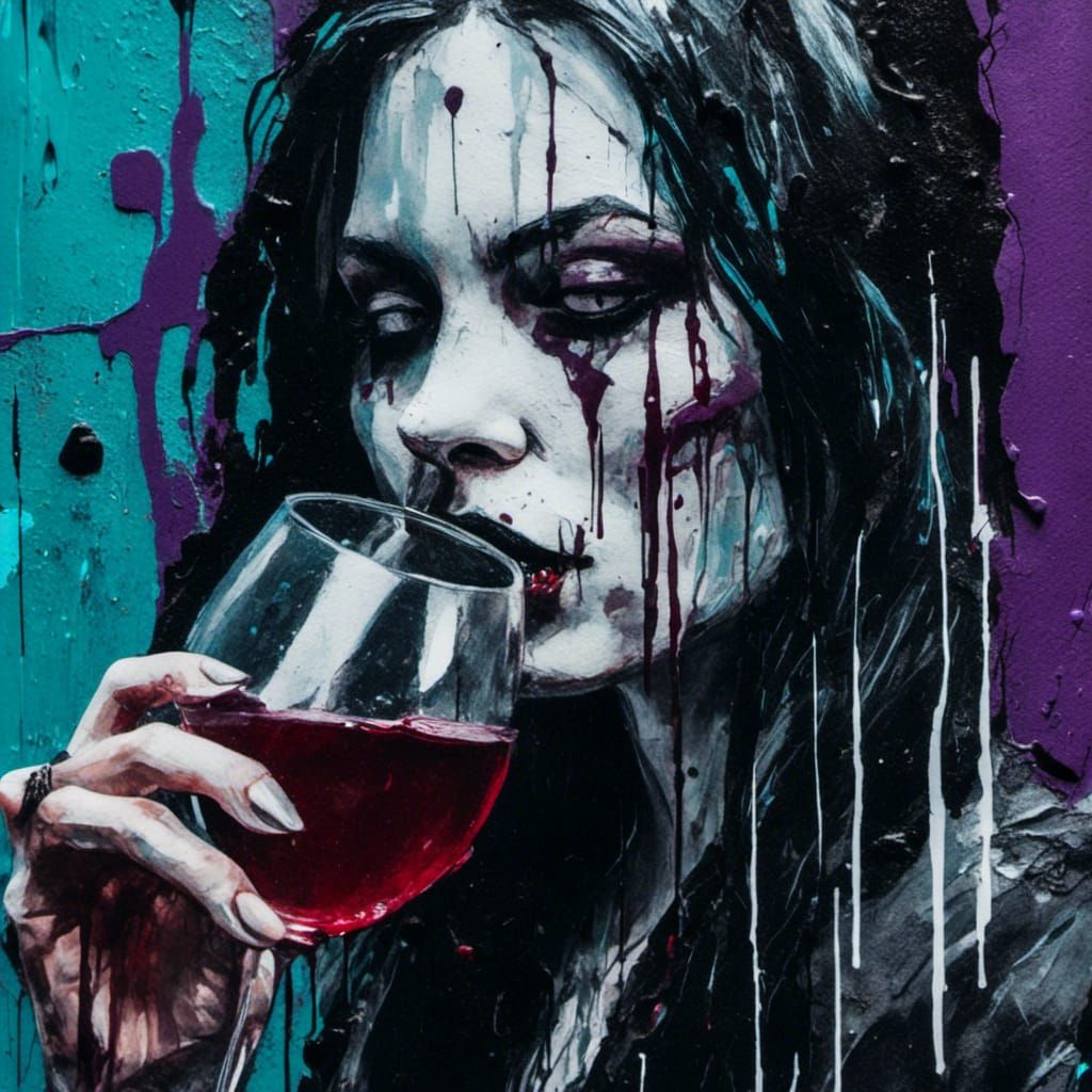 Vampire Woman Drinking Blood in Graffiti Art Style
