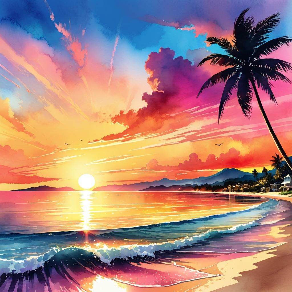 Beach Sunset in Digital Watercolor Illustration