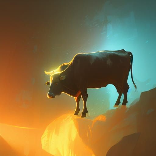 Detailed Cow Concept Art in Orange and Teal