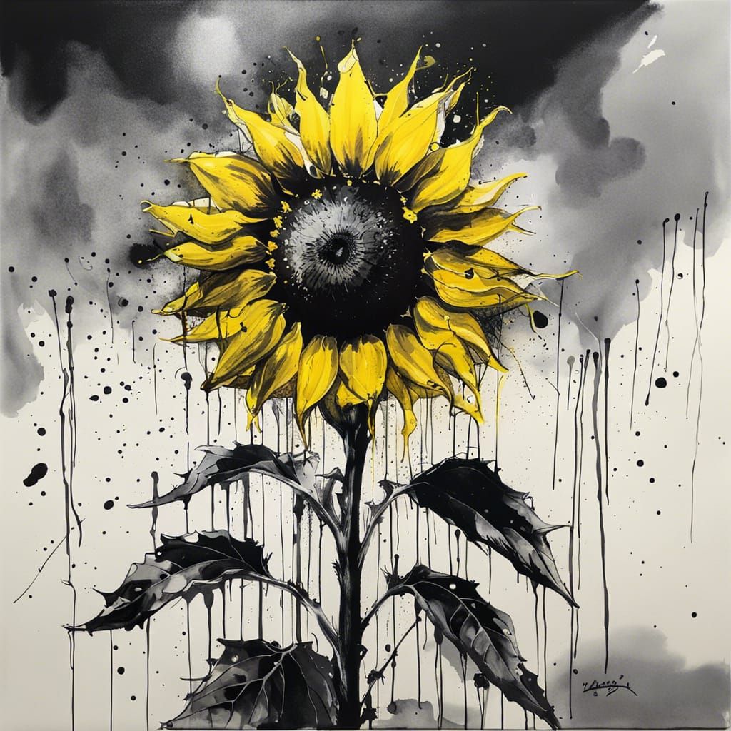 Lone Sunflower: Black and White Ink Painting