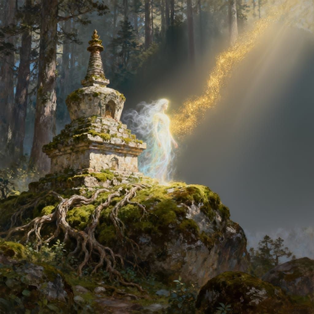 Ancient Himalayan Pagoda with Spirit in Ethereal Forest