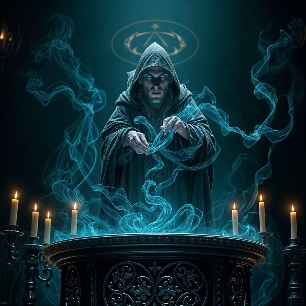 Elderly Elf Summons Shadow Creature: Dark Fantasy Art