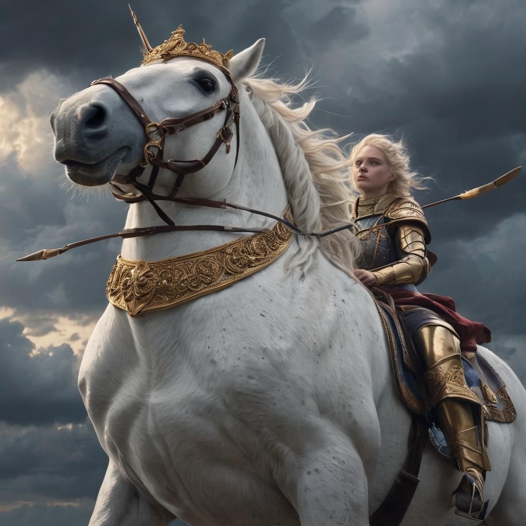 Crowned Rider Emerges from Stormy Sky