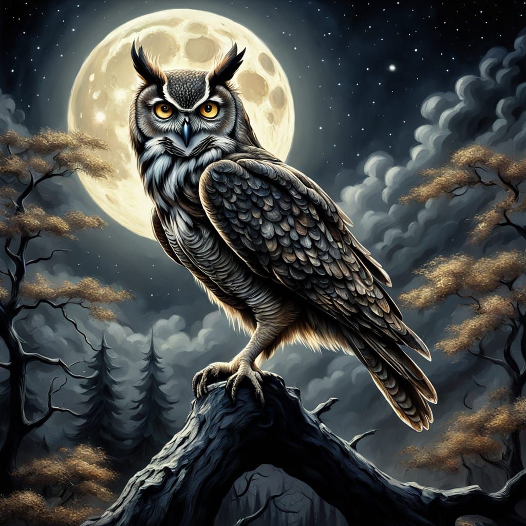 Moonlit Owl in Neo-Impressionist Impasto Style
