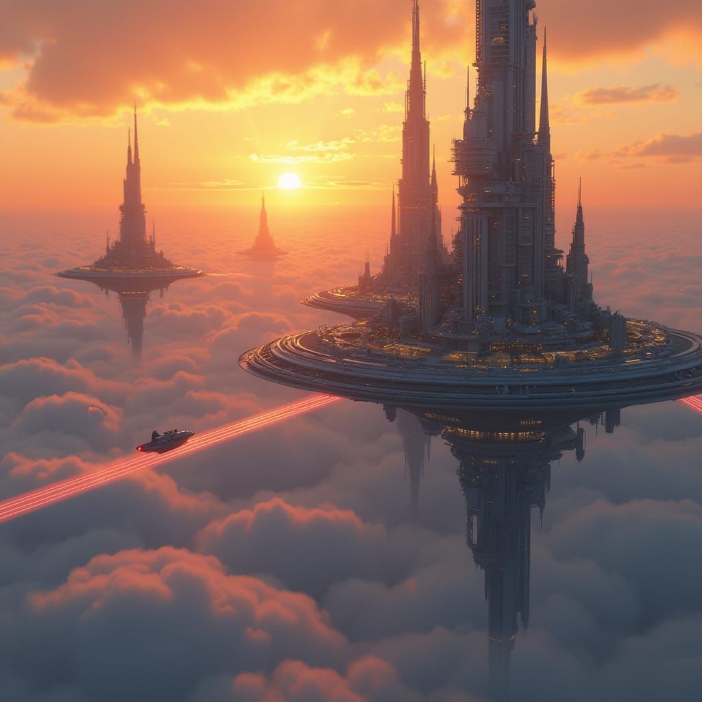 Floating Sci-Fi City at Sunset with Light Trails