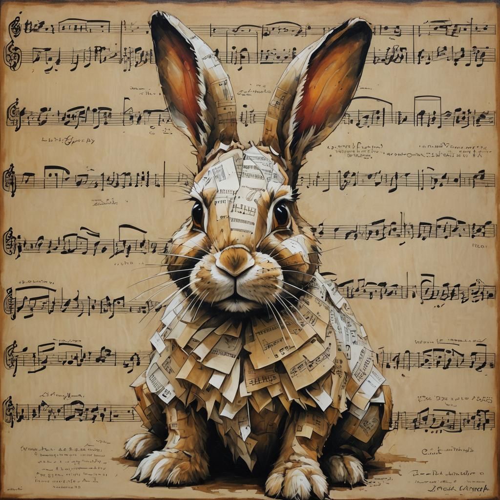 Sheet Music Bunny in Oil Painting Style