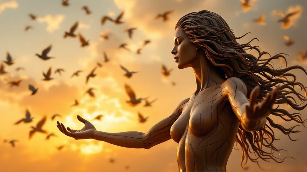 High-Contrast Wooden Sculpture Reflecting Sunset