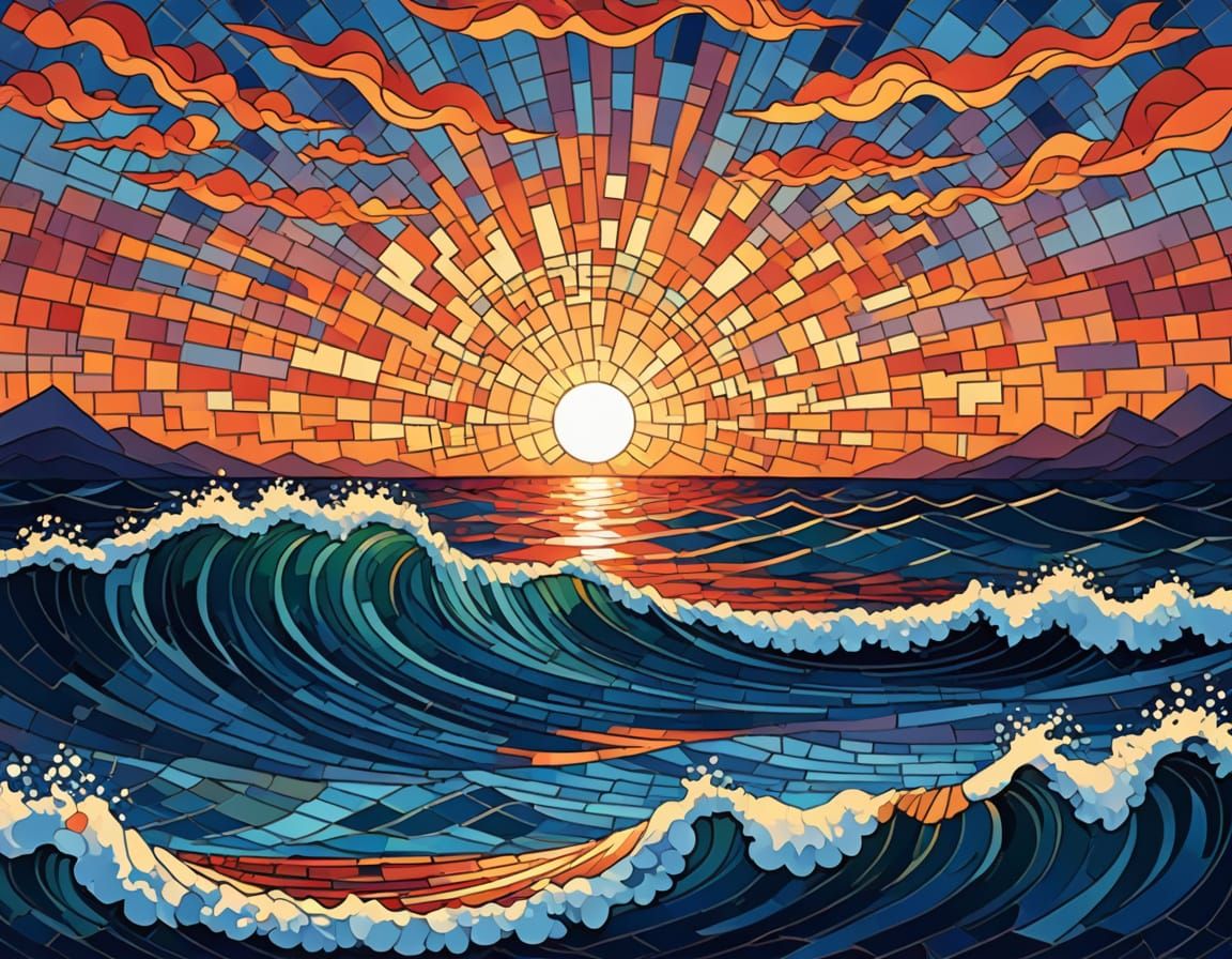 Mosaic Sunset Over Sea in Maximalist Vector Art