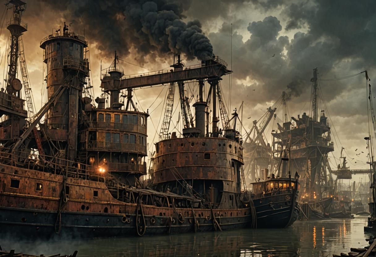 Rusty 19th Century Shipyard with Steamboat