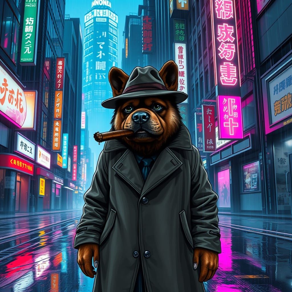 A grizzled, trenchcoat-clad anthropomorphic chow chow privat...