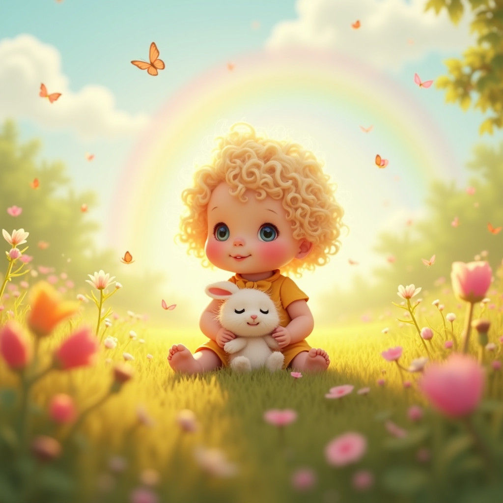 Toddler with Bunny in Sunny Wildflower Meadow