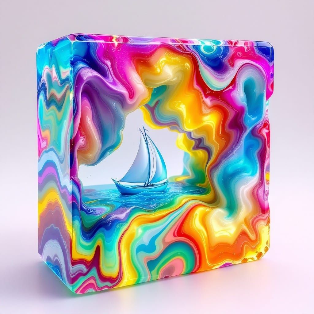 Vibrant Resin Artwork with Sailing Boat