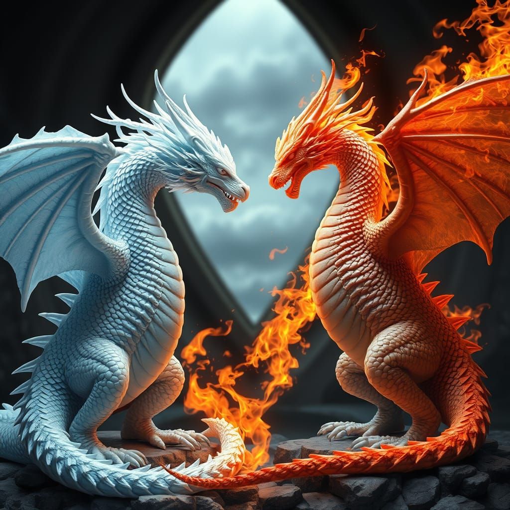 Ice Dragon and Fire Dragon Face Off in Realistic Detail