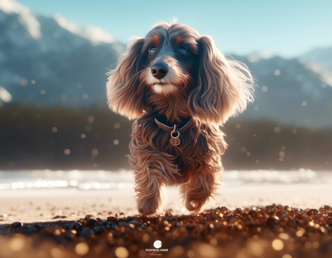 Realistic Long-Haired Dachshund with Abstract Fractal Elemen...