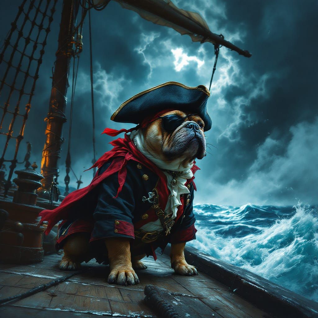 Bulldog Pirate on Ghost Ship in Stormy Seas