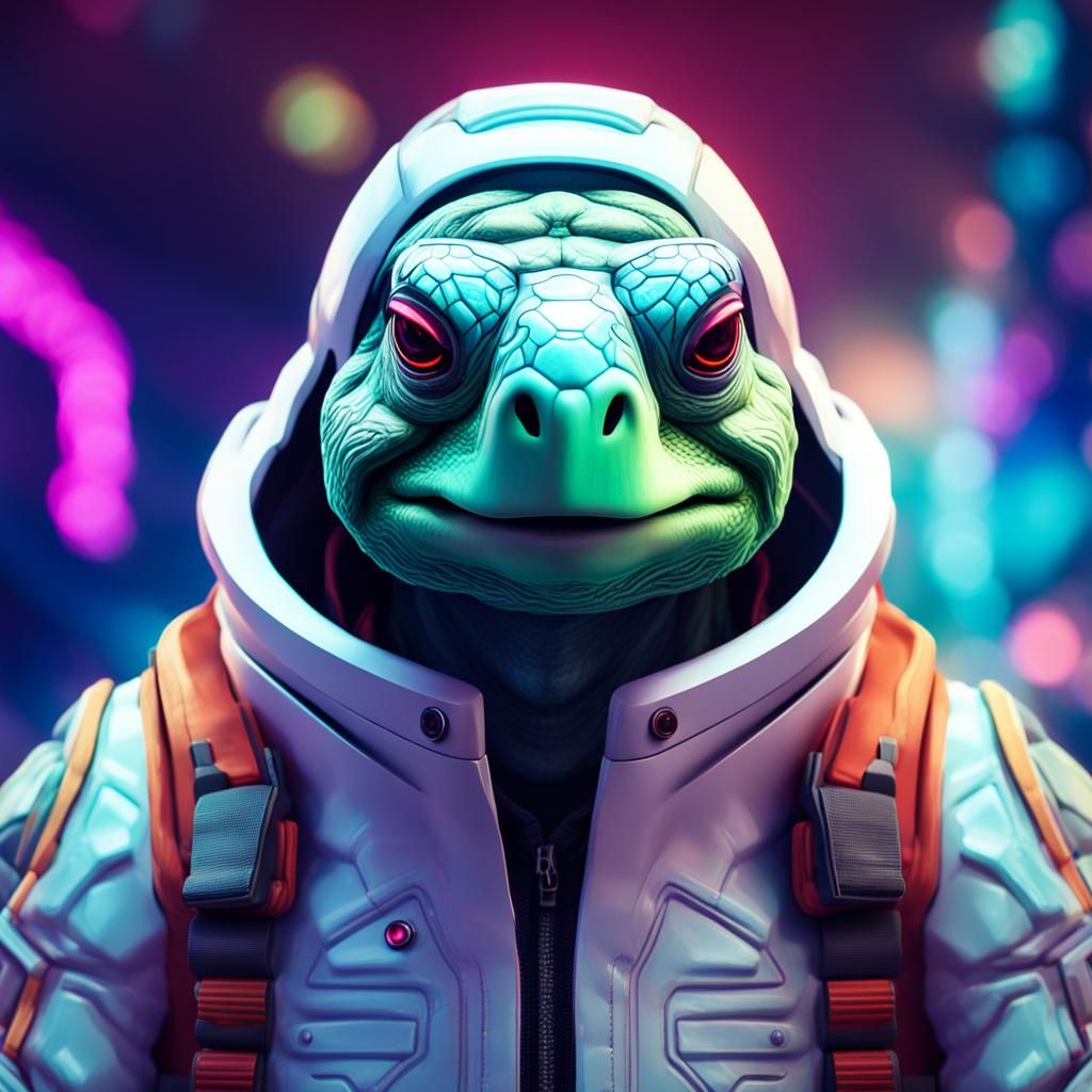 Cyberpunk Turtle Man in Neon Space Suit