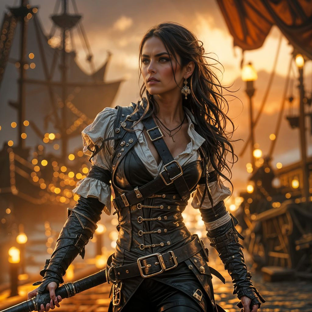 Epic Female Pirate on Night Dock, Cinematic Digital Art