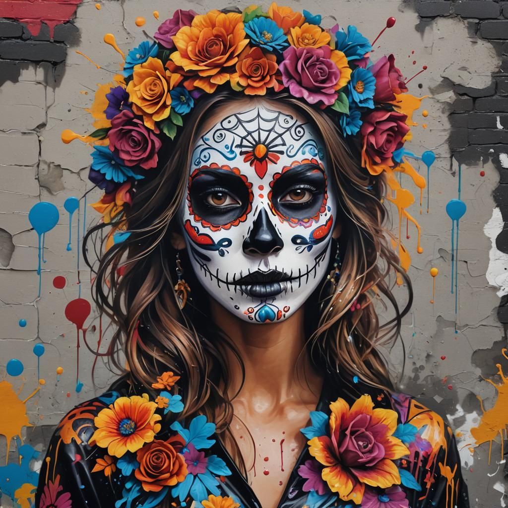 Woman with Día de los Muertos Face Paint in Graffiti Art