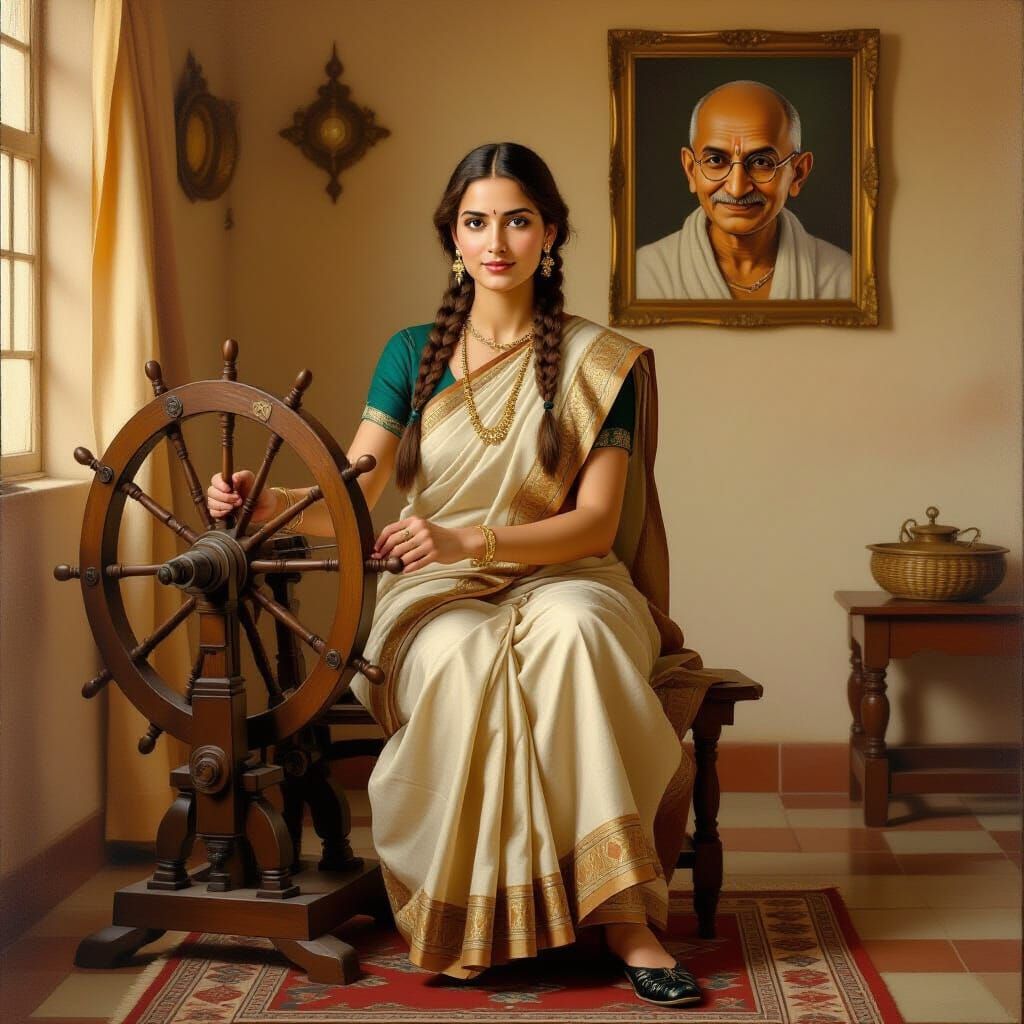 English Woman in 1947 Homespun Sari Working Spinning Wheel