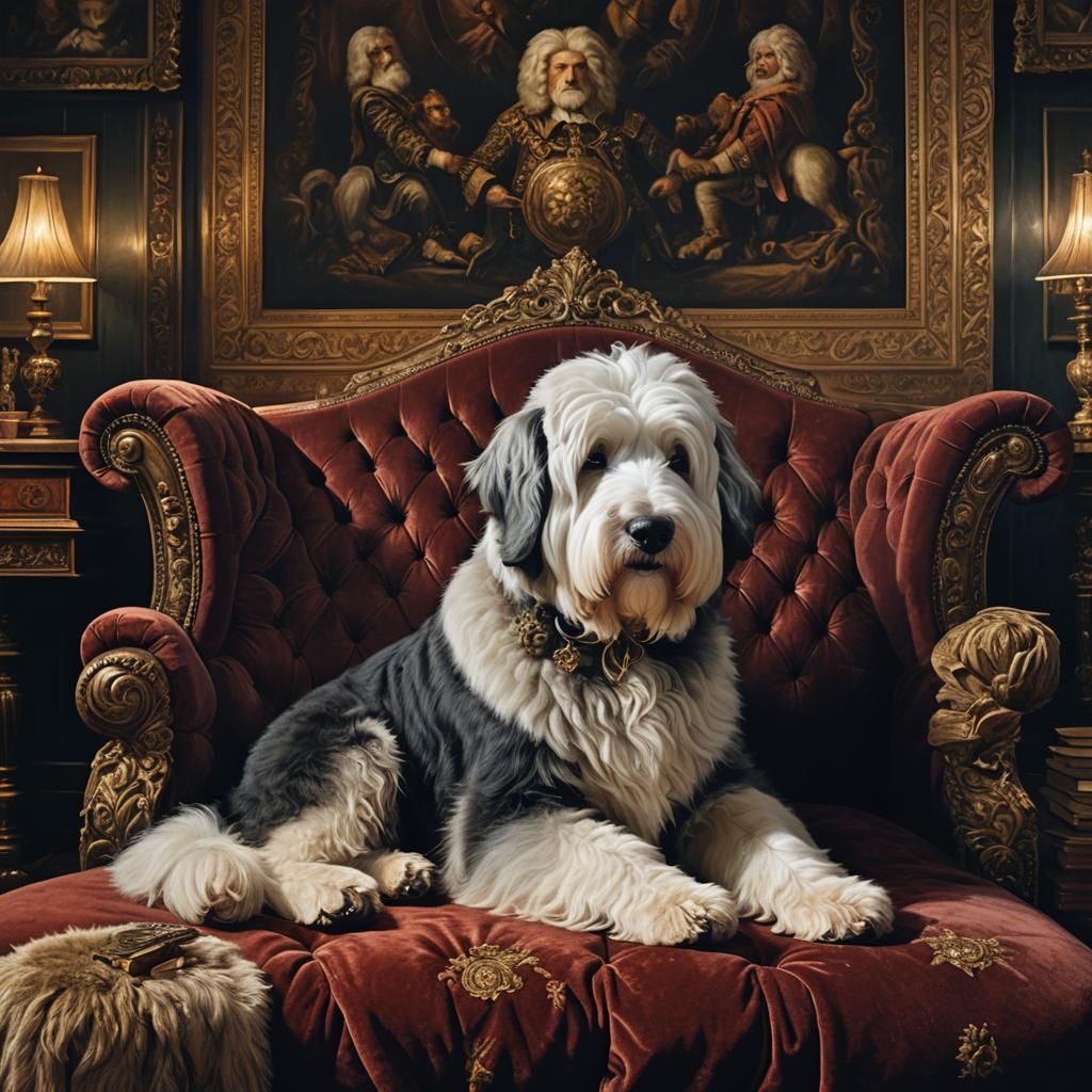 Old English Sheepdog in Lavish Old World Study