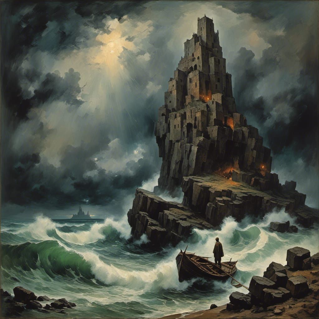 Surreal Figures Walk Through a Stormy Landscape